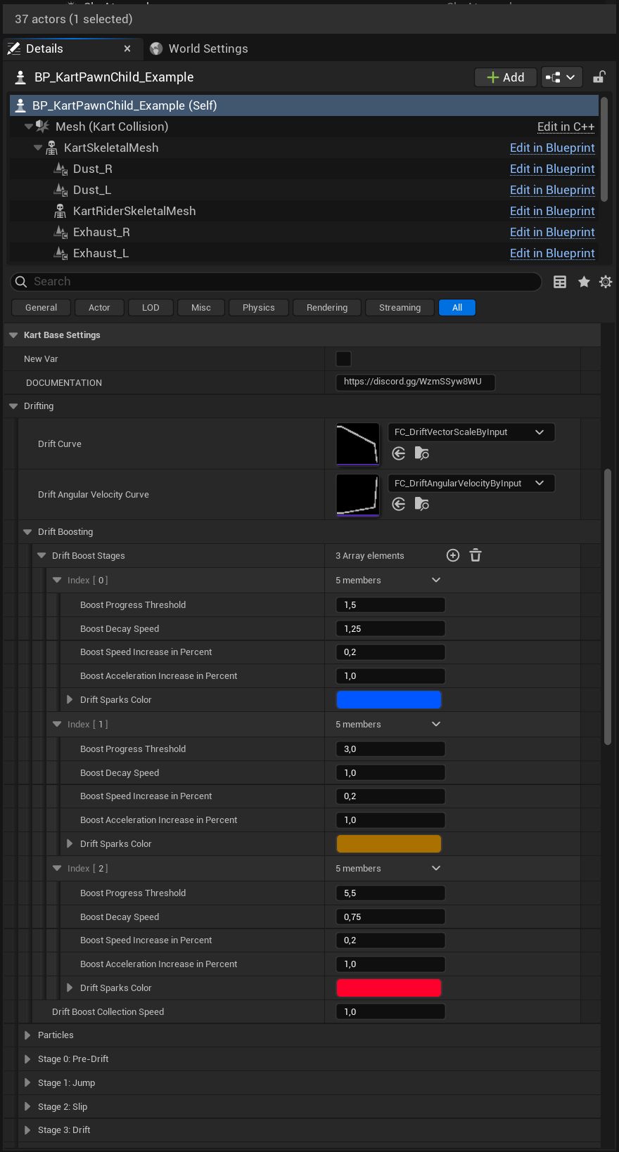Details panel of the example Kart with Kart Base Settings > Drifting > Drift Boosting expanded: Drift Boost Stages with three entries (blue, orange and red sparks) and Drift Boost Collection Speed