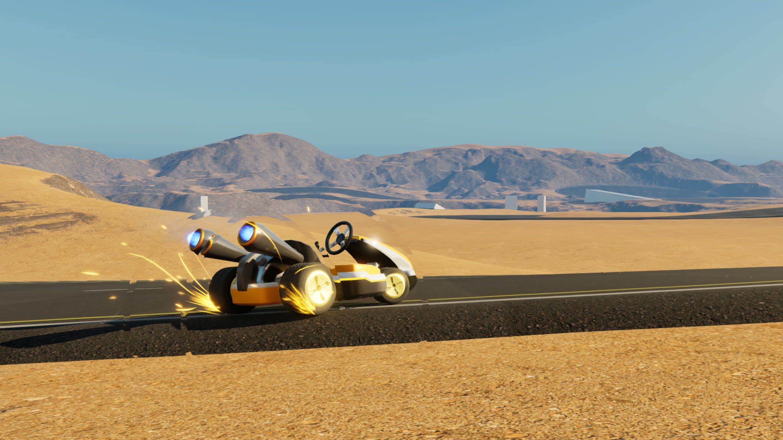 A kart on the desert track with sparks flying from its wheels