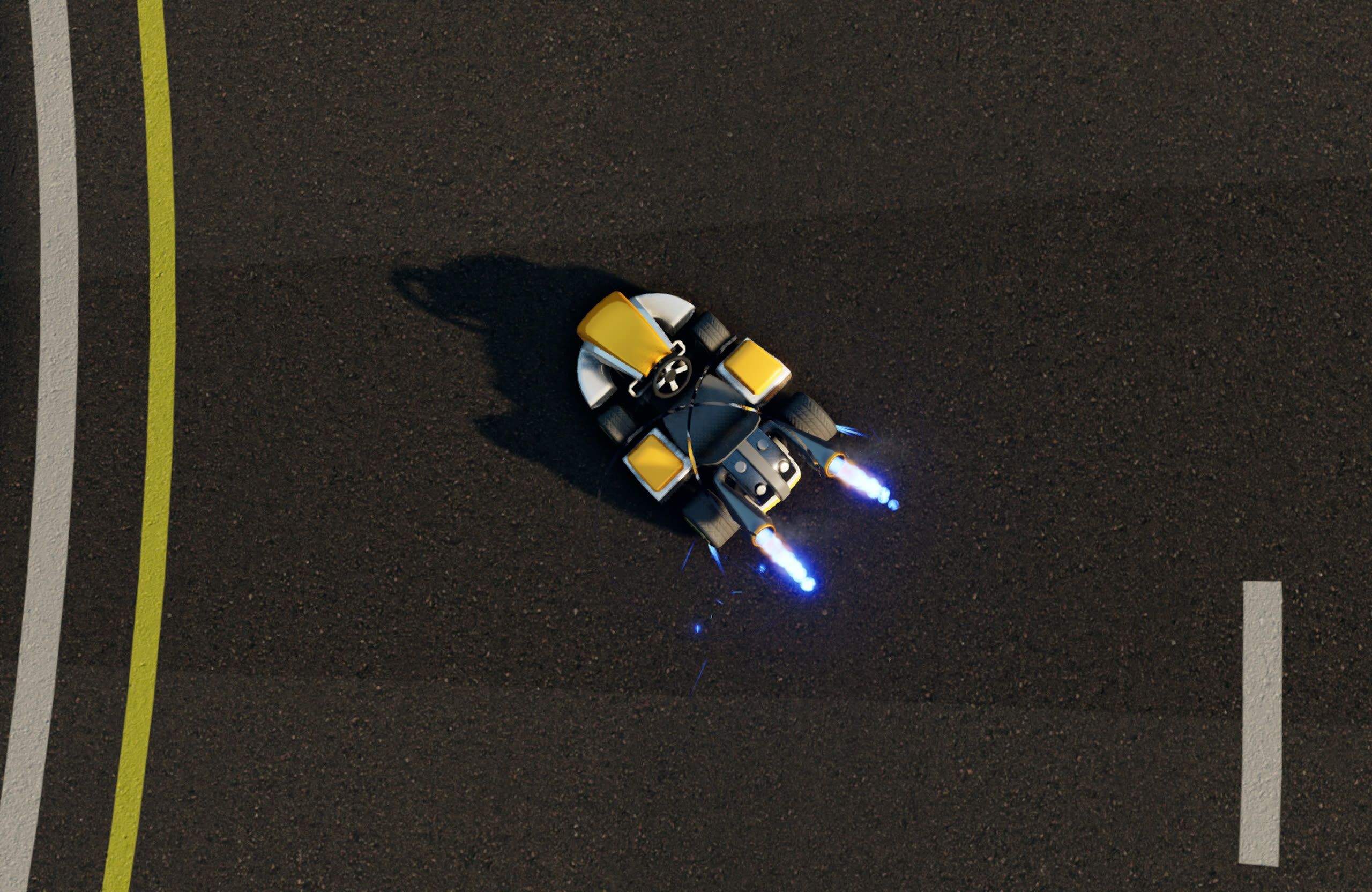 Top-down view of a kart on asphalt with blue boost flames