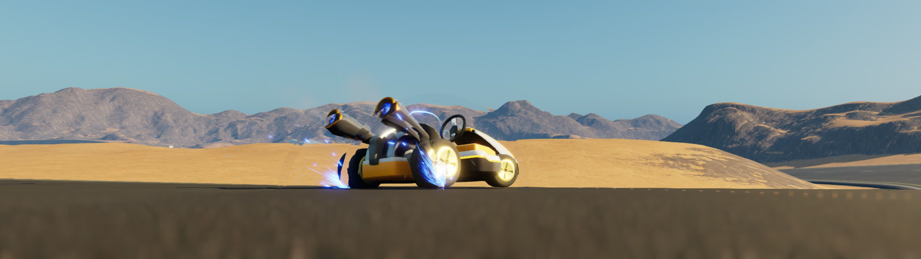 The yellow rigged kart drifting on the desert track, with blue drift sparks at its rear wheels