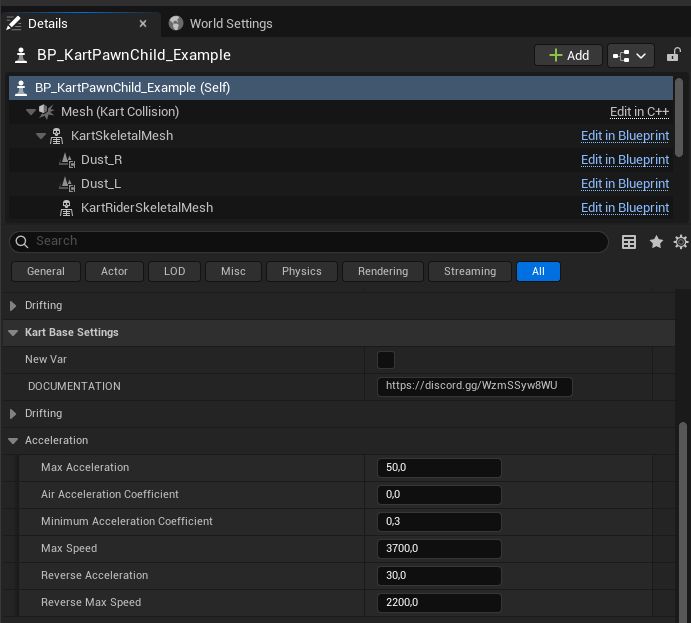 Details panel of the example Kart, Kart Base Settings > Acceleration: Max Acceleration, Air Acceleration Coefficient, Minimum Acceleration Coefficient, Max Speed, Reverse Acceleration and Reverse Max Speed