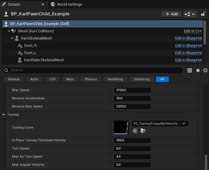 Details panel of the example Kart, Kart Base Settings > Turning: Turning Curve set to FC_TurningTorqueByVelocity, In Place Turning Threshold Velocity, Turn Speed, Max Air Turn Speed and Max Angular Velocity